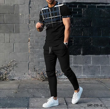 Луксозна 3D-печат, модна тениска с къс ръкав и панталони, комплект мъжки облекла от две части