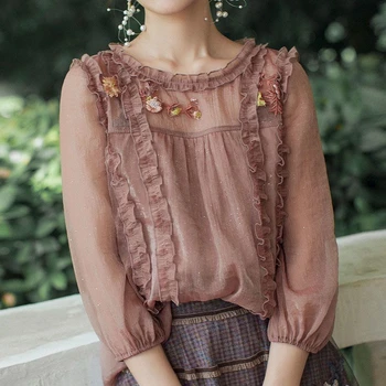 Бродирани шифоновая риза за жени 2023, Нови пролетно-есенни блузи, дамски Корейски модни блузи с волани по края, розови блузи