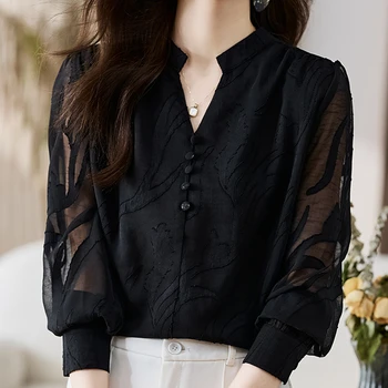 Шифоновая риза в корейски стил, Дамски есен 2023, Новата модерна блуза с дълъг ръкав, най Blusa