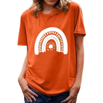 Оранжева тениска за жени, модни дрехи в Европа, дамски тениски с изображение на Дъгата, Забавни летни тениски с къс ръкав