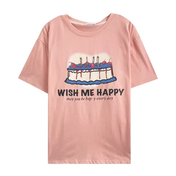 Скъпа Памучен Свободна Тениска с Принтом Розово Торта и Занижени рамо