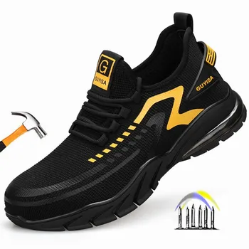 защитно работно ботуши със стоманени пръсти, дишащи работни маратонки за мъже, устойчива на плъзгане черна защитни обувки, защитни обувки