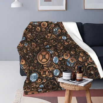Фланелевое одеяло с индустриален дизайн в стил Steampunk, Ръждясали часовников механизъм, Ретро Луксозна Мека Модерен Топло Лесен декор за канапе-легло