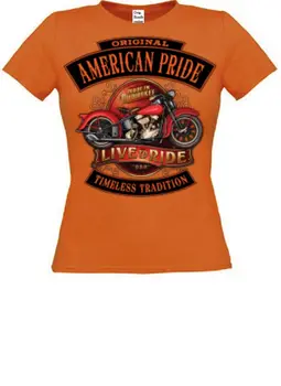 Женска тениска оранжев цвят с мотив колоездач и хеликоптер, модел American Pride Живо