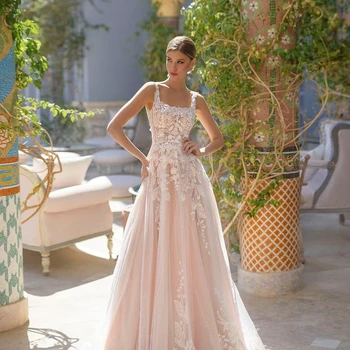 2023 Елегантна сватбена рокля трапецовидна форма с аппликацией от тюл, квадратен яка, бретельки-спагети, Vestidos De Новия