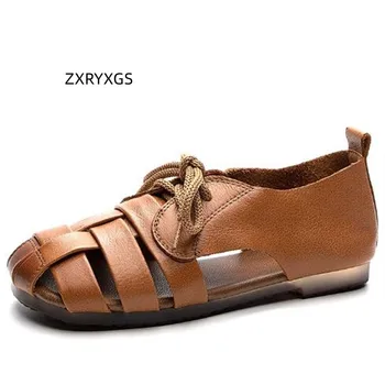 ZXRYXGS Летни Сандали са от телешка кожа с мек горния слой, ретро обувки 2023, Популярни Нови Сандали от куха кожата, Удобни сандали на равна подметка