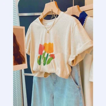 Висококачествени дамски тениски, пролет-лято, женска тениска с къс ръкав и кръгло деколте, ежедневни свободна памучен дамски тениска