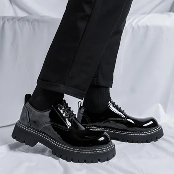 Мъжки светли бизнес ежедневни обувки от лачена кожа на дебела подметка, мъжки Японски Корейски градинска дрехи, реколта обувки, обувки за сватба