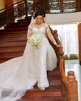 Високо качество сватбени рокли с кръгло деколте и дълги ръкави, Подвижна панделка, дантелени апликации, сватбени рокли de Mariage