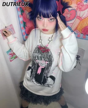 Hoody в японски стил Пънк Y2k Hot Girl Harajuku с анимационни аниме принтом, Женски Свободен бял пуловер с кръгло деколте и дълъг ръкав