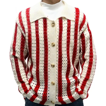 2024 Пролетно-летен трикотаж, мъжко облекло, Всекидневни вязаный жилетка с дълъг ръкав, Модни пуловери от груба вълна в червено / бяла ивица в червено / Бяла ивица