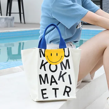 Чанта Платно Модни низ характер печат Ins Японската Усмивка Текст Графити Дамски Голям капацитет