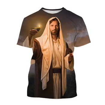 Тениска с християнски Бог Исус, мъжки тениски с 3D принтом, лятна тениска с християнски рисувани, модни свободна градинска тениска с кръгло деколте и къс ръкав