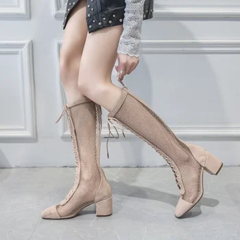 Нови дамски летни ботуши до коляното, нова дишащи обувки на дебелите токчета, мрежести дамски ботуши Chelsea Cool Ботуши 2023 година на издаване