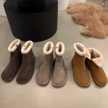 Дамски зимни къси памучни обувки от естествена кожа с плюшено нагревателя, зимните обувки от кожа агне, коледен подарък