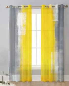 Жълто-сиви тюлевые завеси на абстрактното изкуство, за хол, спалня, прозрачни завеси на прозореца, кухня, тераси, модерни вуалевых завеси