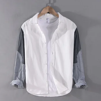 Мъжки пролетен риза 2023 г., зашити в тон, Универсална ежедневна Свободна памучен риза с дълъг ръкав