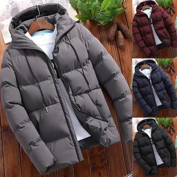Мъжко есенно-зимния однотонное памучно палто с цип, с качулка, горната блуза, яке M, N, мъжко палто с руното облицовка