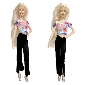 NK 1 комплект Случайни топ принцеса 30 см, с къс ръкав, черна разкроена панталони с цепка, модни дрехи за Барби, аксесоари за кукла, подарък играчка за момичета