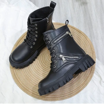 Дамски луксозни армейските къси ботуши от изкуствена кожа 2023, есен-зима, дизайнерски марка, готик обувки на платформа, Мотоциклетни ботуши дантела