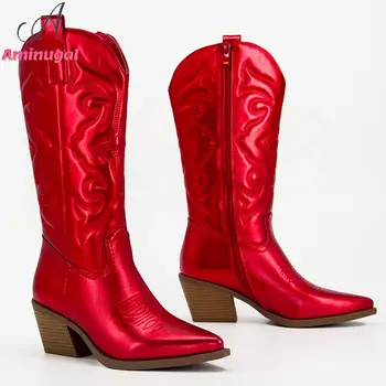 Дамски каубойски ботуши в стил уестърн, блестящ металик, 2023, Летен брендовый дизайн, модни дамски обувки с бродерия до средата на прасците и остри пръсти