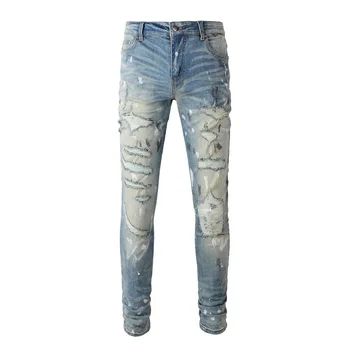Мъжки дънки в цвят блок, ушити по поръчка, дебнещ нагънат дънкови панталони зауженной форма за мъже 2023, Нова мода