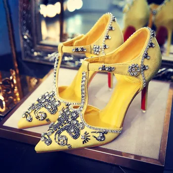 Кралски стил, Т-образна каишка, блестящи мъниста, обувки-лодка с кристали, остър чорап, пета-шило, Кристални сватбени обувки, жълти, сини токчета банкетни