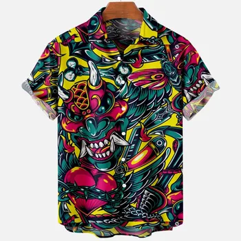 Мъжки ризи с принтом на Дявола, Тениски с V-образно деколте и къси ръкави и копчета за мъже, Моден Тренд, Нова Мъжки Дрехи, Градинска Блуза Оверсайз