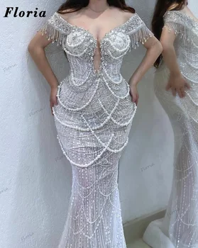 Арабски коктейл рокля знаменитост с открити рамене, кристали, перли, вечерна рокля с пискюли за сватбени партита, Дълга вечерна рокля по поръчка