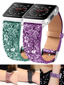 Кожена Каишка за часовник Apple Watch band 44 мм 38 40 мм 42 мм 41 мм 45 мм Блестяща гривна iWatch Series 9 8 7 6 5 4 3 SE Ultra 2 49 мм