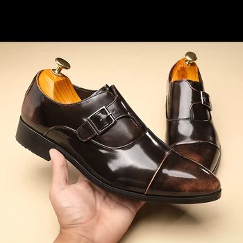 2024 г. от Луксозни мъжки кожени обувки кафяв цвят, бизнес мъжки обувки с остри пръсти, дантелени сватбени обувки в черен цвят