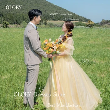 OLOEY Корейски сватбени рокли от жълто тюл, за да снимам Вечерна рокля за абитуриентски бал с къси ръкави с Дължина до пода Рокля за булката Pastrol Garden