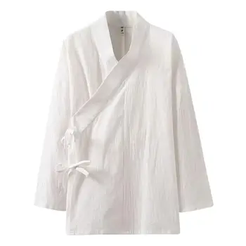M-7XL Традиционна памучен бельо риза-кимоно с дълги ръкави, японска градинска дрехи, реколта ризи, плюс размера на китайски дрехи 5XL 6XL