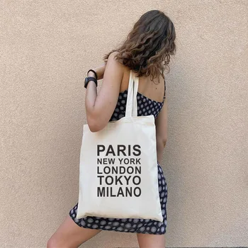 Модерна дамска чанта през рамо за шопинг в Париж, Ню Йорк, холщовая чанта с писмото принтом, бяла, черна женска чанта за пазаруване