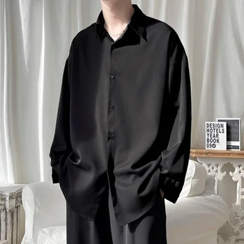Черна риза с дълъг ръкав, Мъжки Корейски удобни Ежедневни блузи свободна однобортная риза