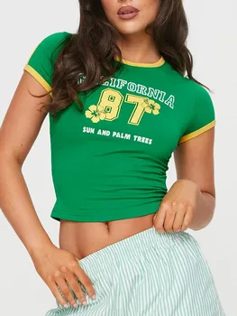 Дамски эстетичные върховете Y2k с къс ръкав и писмото принтом в стил гръндж, облегающая тениска с контрастиращ цвят, облегающая градинска облекло