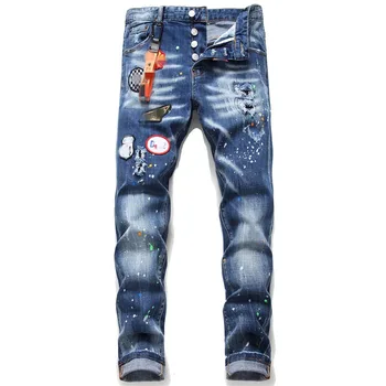 Мъжки тесни джинси, скъсани панталони Slim Fit, Европейският Италианската марка, дънки с принтом дупки, хип-хоп Градинска дрехи, оръфан пънк-панталони