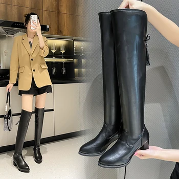 Дамски ботуши от цялата черна кожа, дамски ботфорты над коляното, Новост 2022 г., есенно-зимни дамски обувки с цип и висок ток, по-големи размери