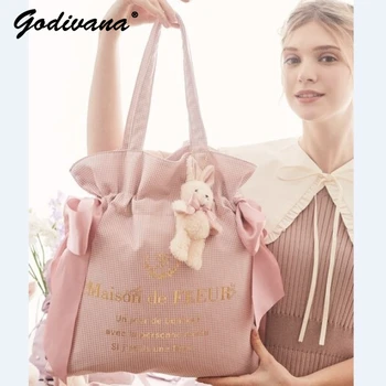 Новият годишен японски стил с сладък заек и двоен лък, преносим женствена чанта през рамо, чанта за пазаруване с голям капацитет, чанти